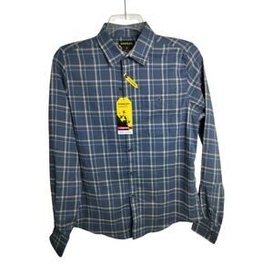M1122) Stanley Men Workwear Stretch Blue Tan Plaids Long Sleeve Button Up Small